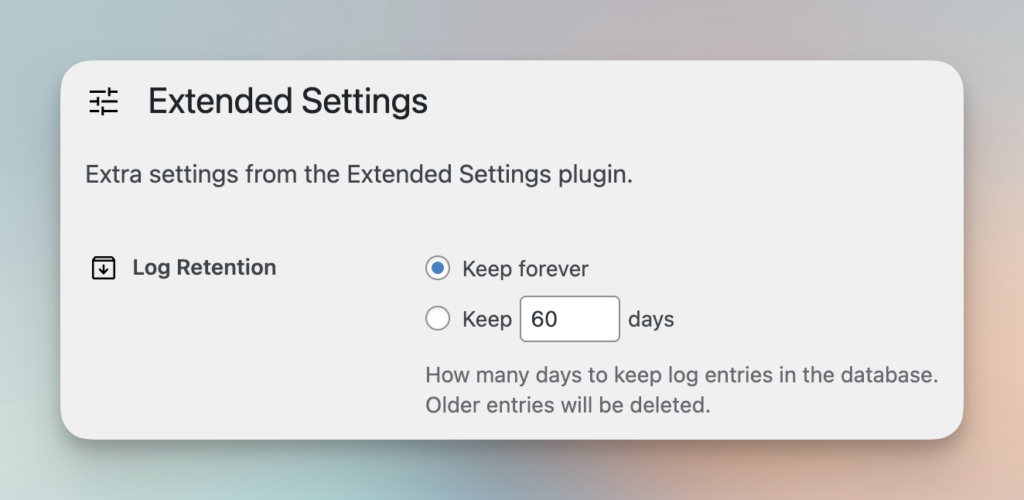 Screenshot of add-on "Extended Settings" showing radio buttons with options to keep log forever or to set the number of days to any value.