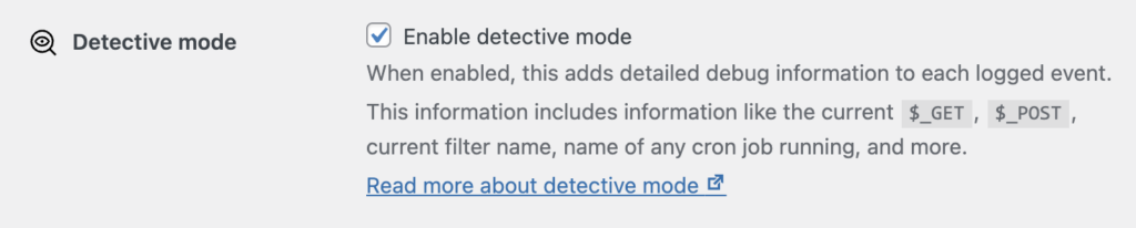Screenshot: Settings for Detective mode is available in Settings » Simple History » General.