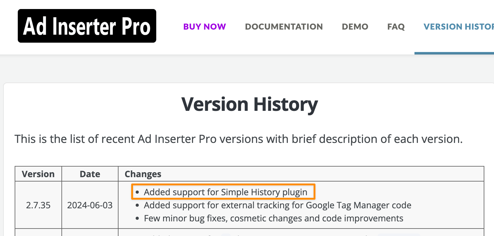 Ad management plugin “Ad Inserter” adds support for Simple History