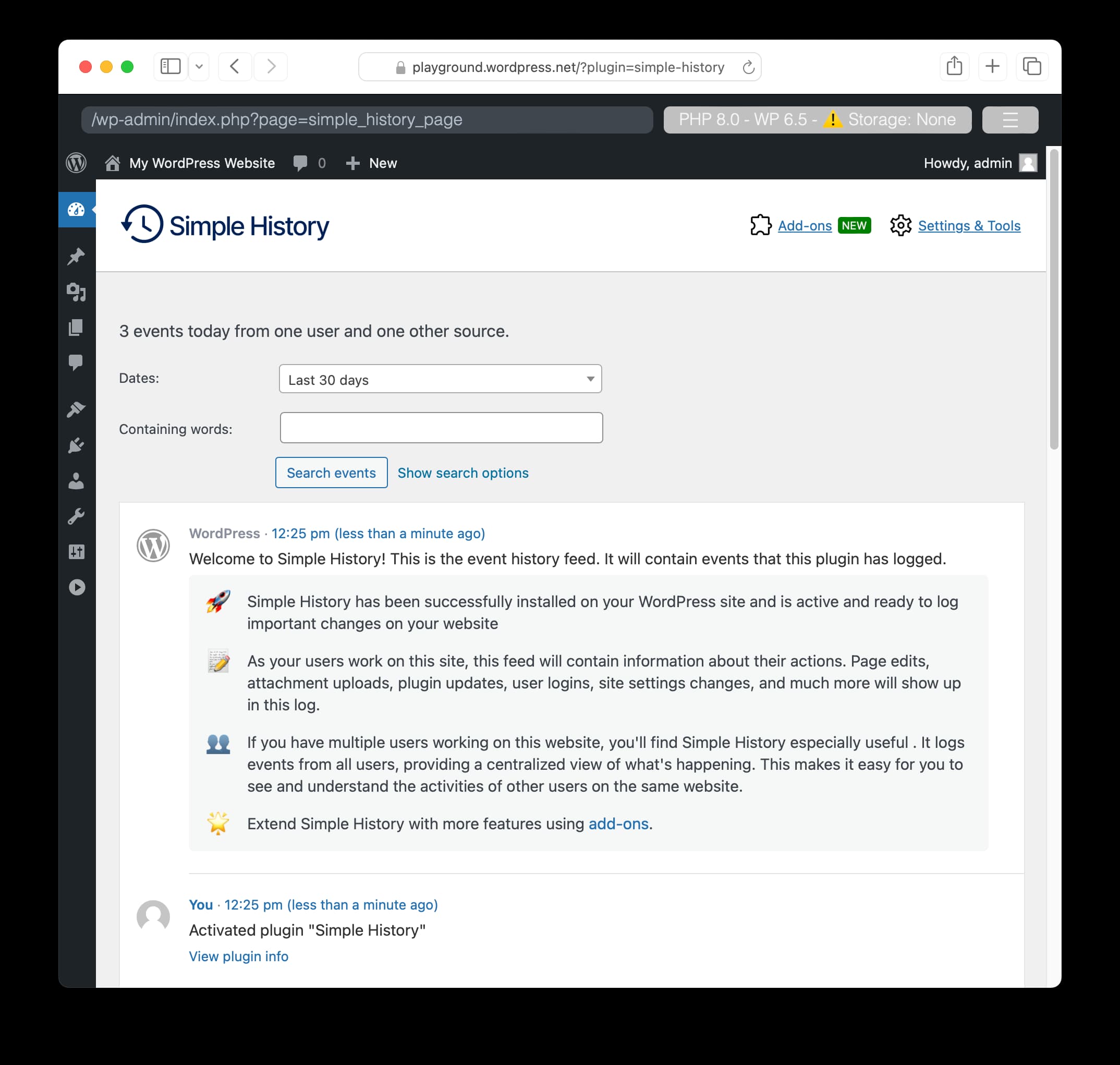 Test Simple History Online Without Installation