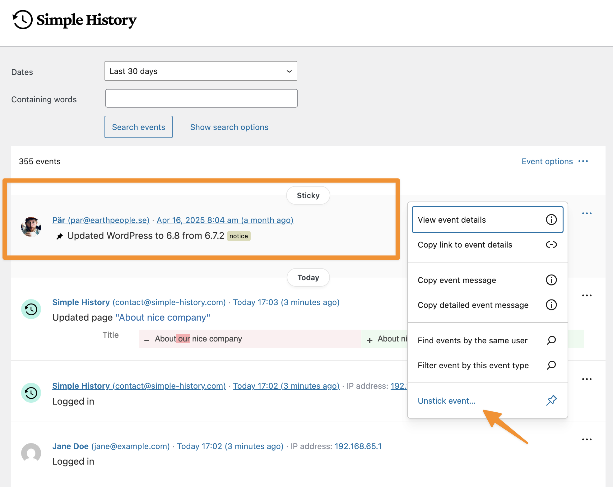 Simple History 5.11.0 released – Sticky events & Visual day dividers