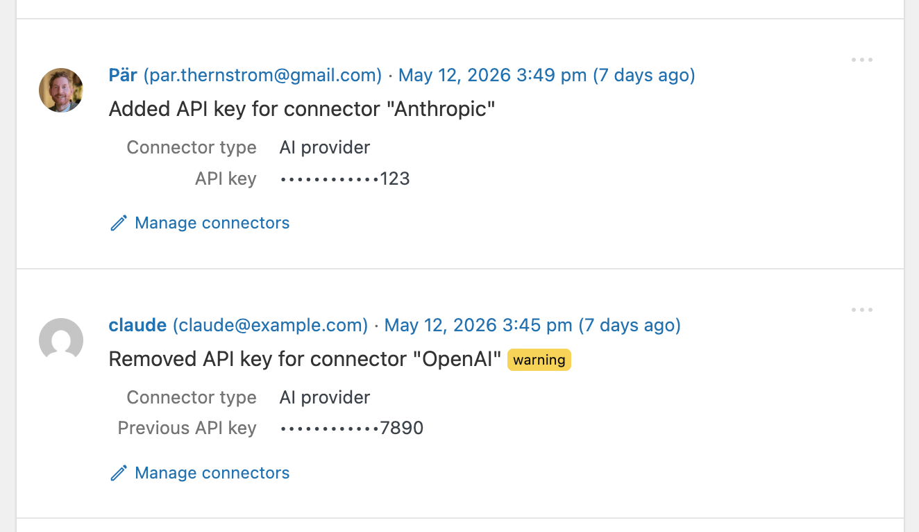 Simple History event log showing an API key added to the Anthropic AI connector and an API key removed from the OpenAI connector, with only the last 4 characters of each key visible.