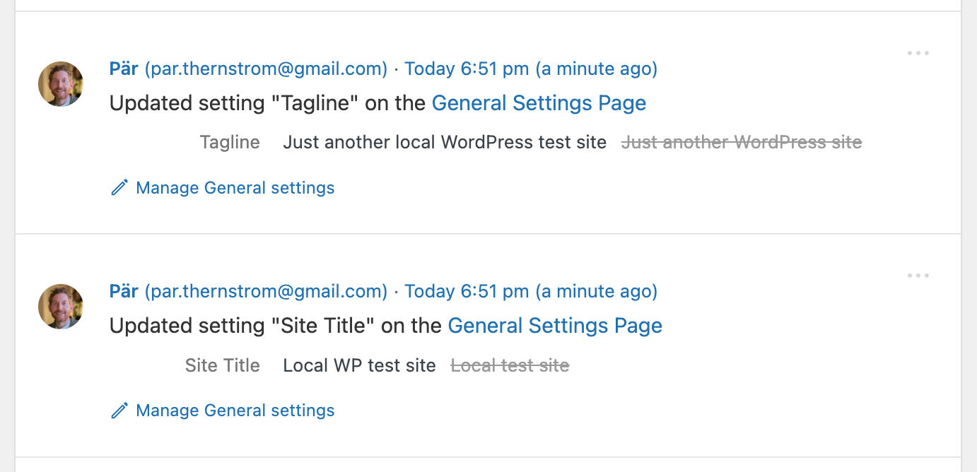 Simple History event log showing inline diffs for the WordPress Site Title and Tagline being changed on the General Settings page.