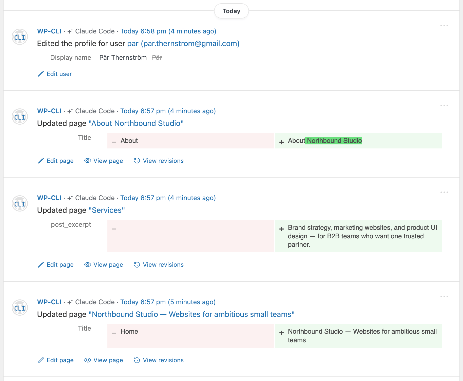 Simple History event log showing WP-CLI changes attributed to the Claude Code AI agent: a user profile edit and three page updates on a web design studio site.