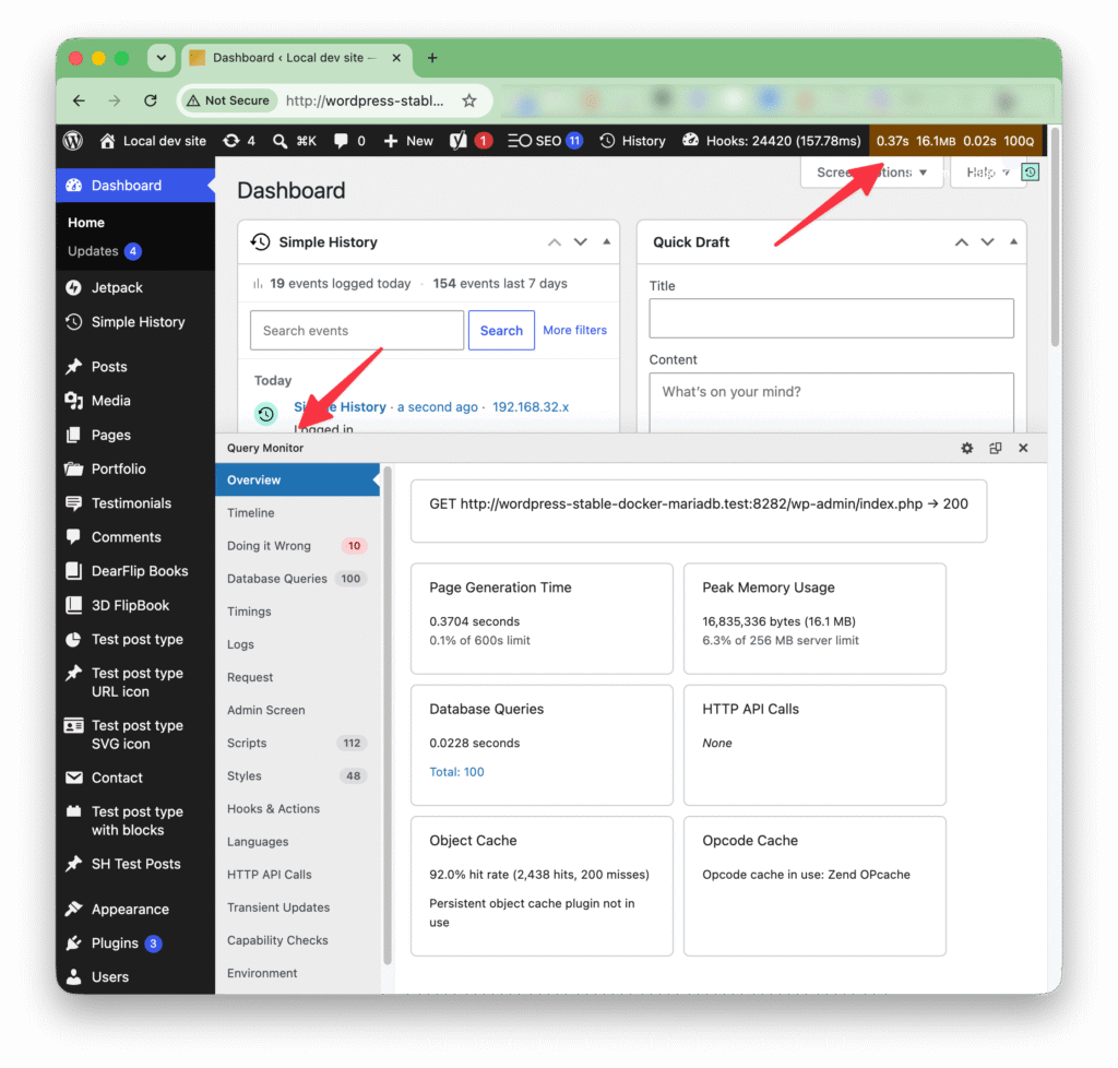 Query Monitor admin bar menu showing page generation time, memory usage, SQL query time and number of queries