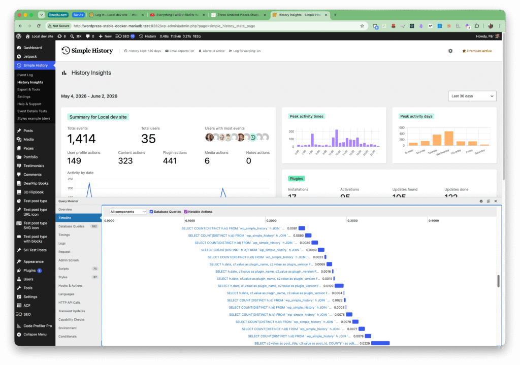 Query Monitor timeline view showing many database queries on the History Insights admin page