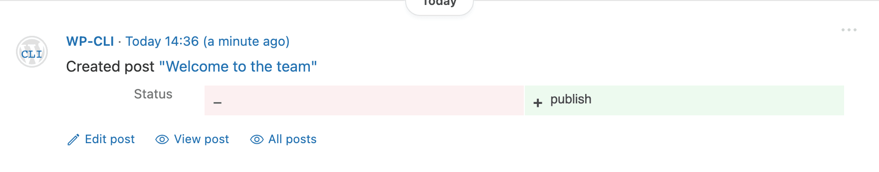 A post event in the Simple History log showing Edit post, View post, and All posts action links.