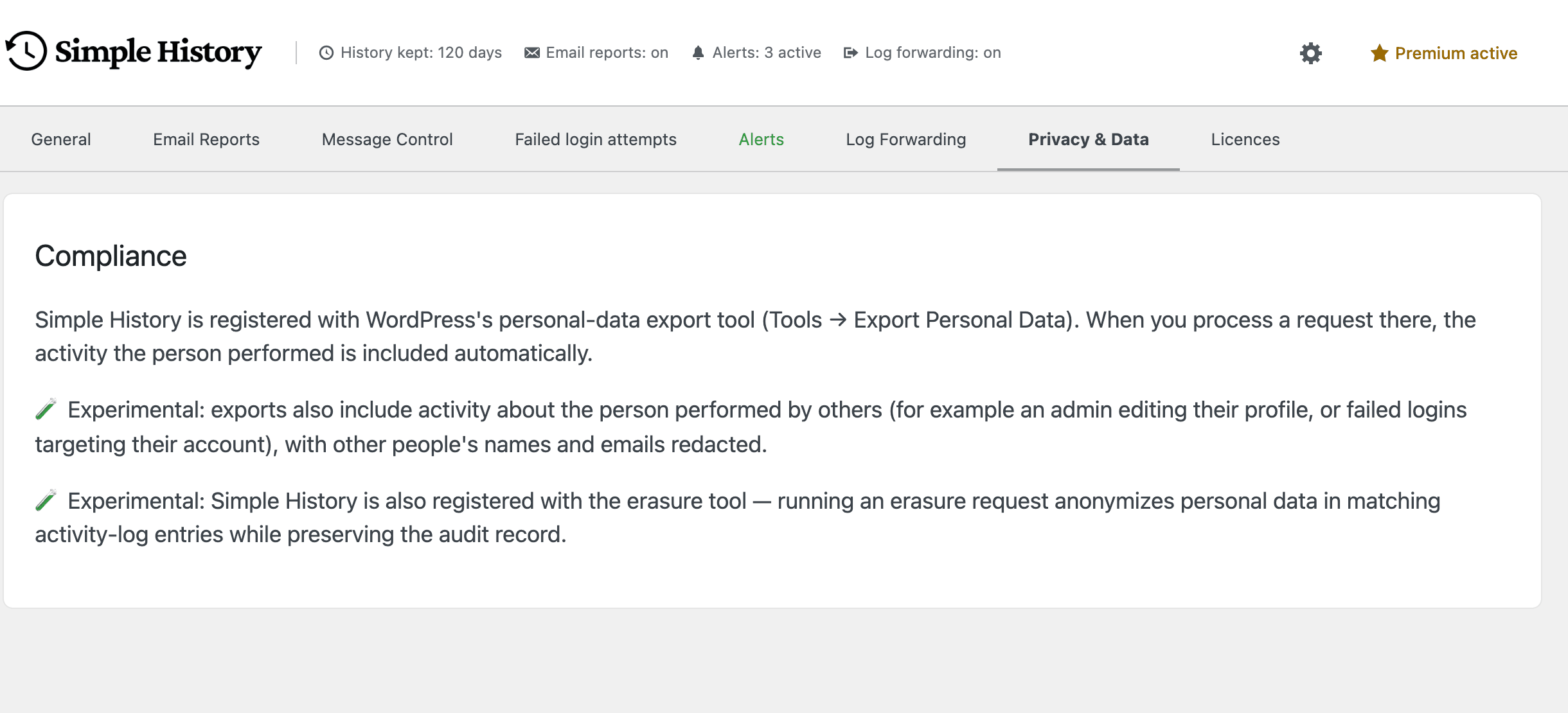 The Privacy & Data settings tab in Simple History explaining how it works with WordPress export and erasure tools.