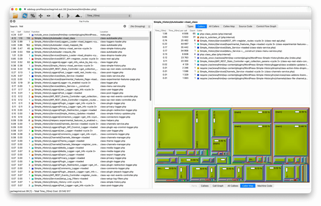 QCacheGrind showing an Xdebug cachegrind profile with call counts and per-function timings