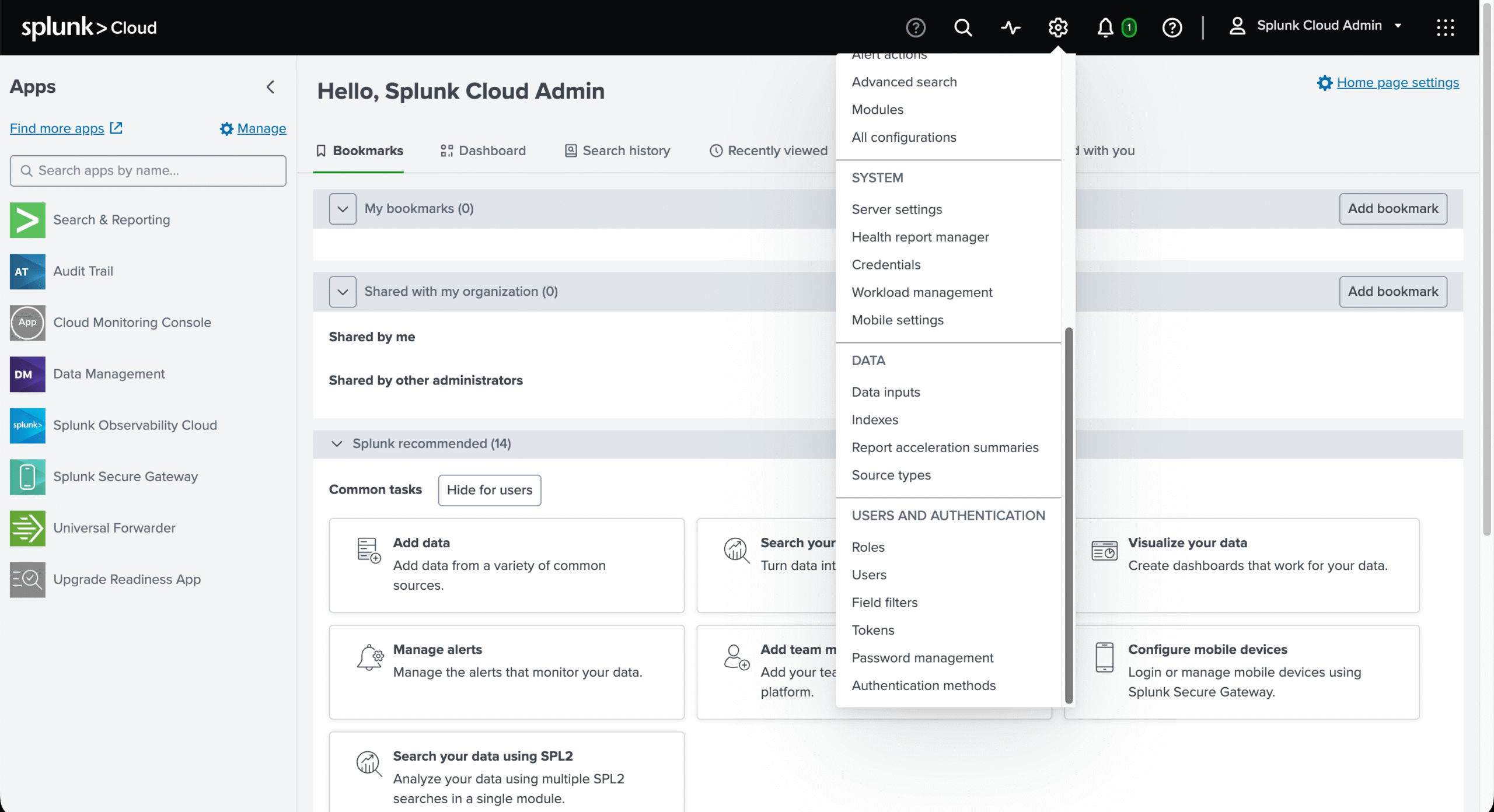 The Splunk Cloud settings menu open, showing Data inputs under the Data heading