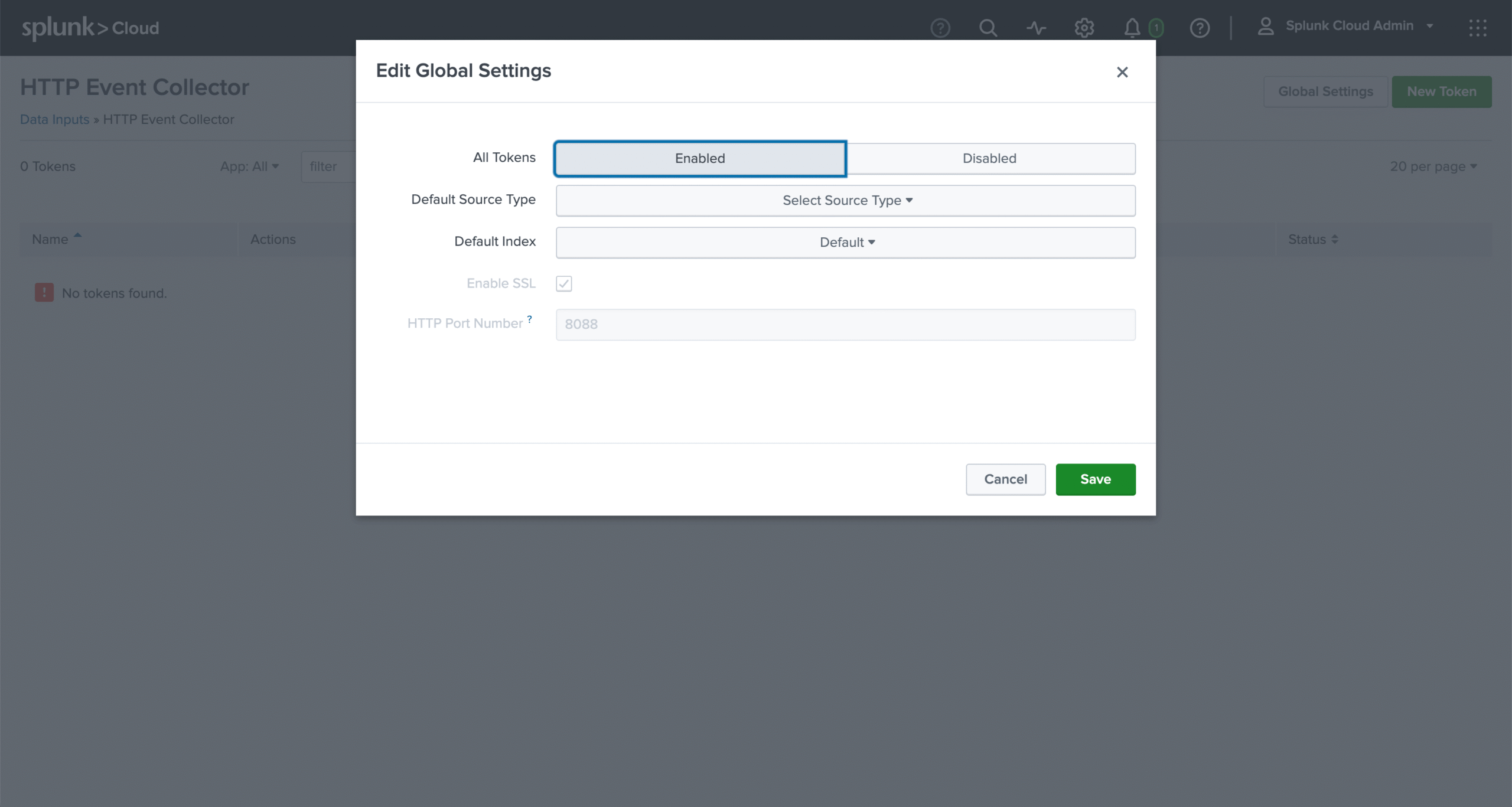 Edit Global Settings dialog with All Tokens set to Enabled and HTTP port 8088