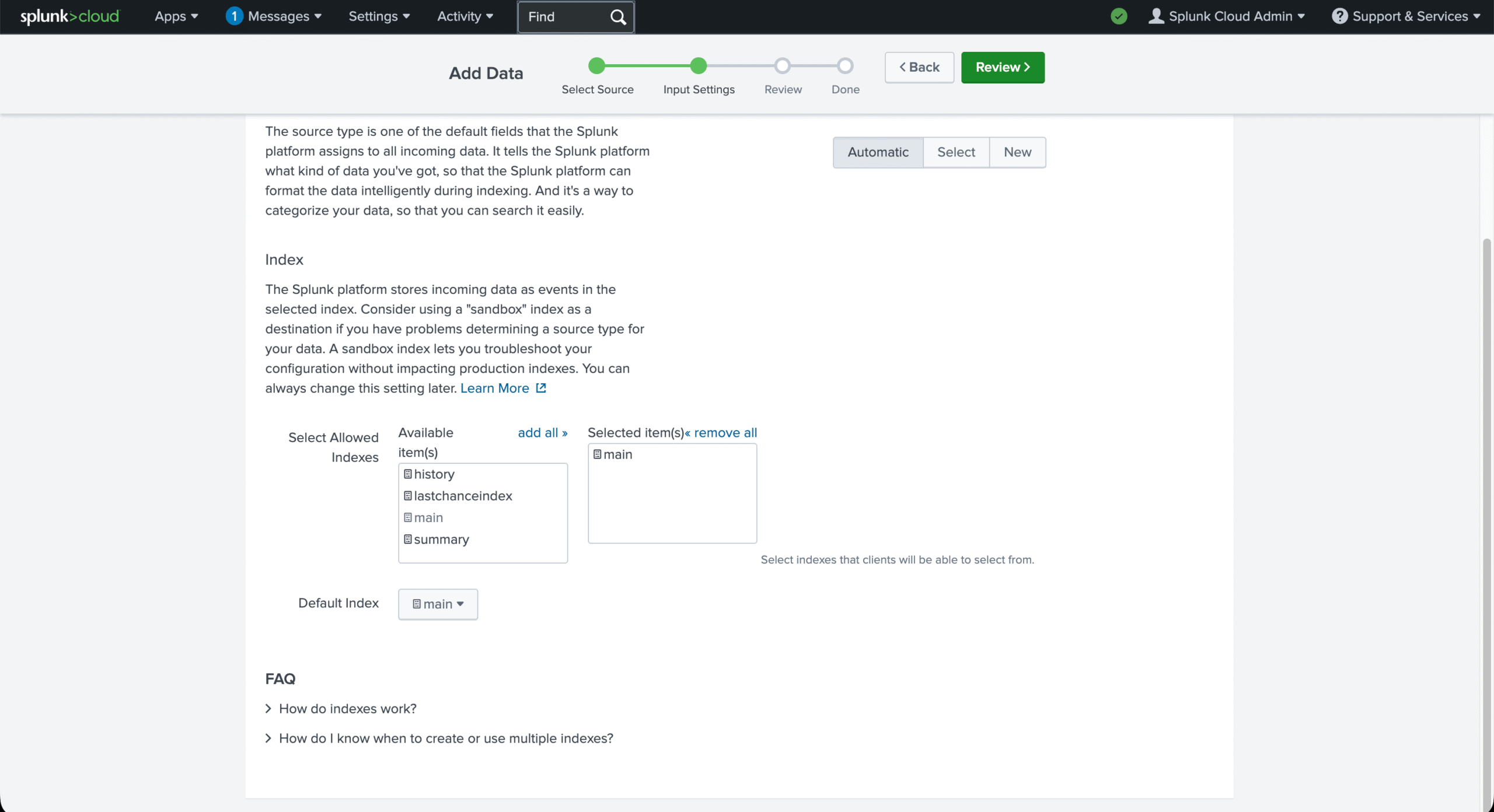 Input Settings with the main index added to Select Allowed Indexes and set as Default Index