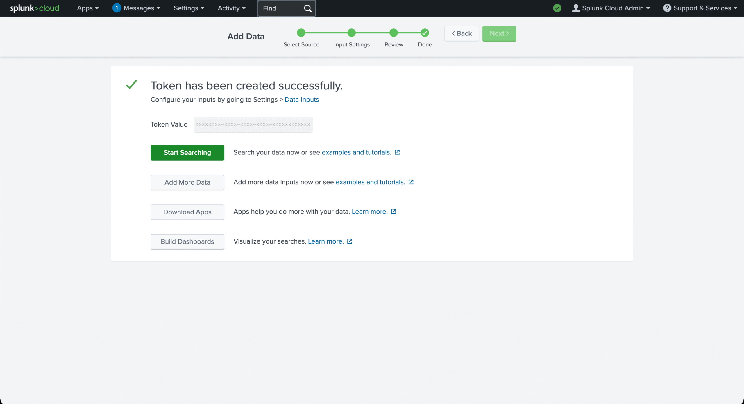 Confirmation that the Splunk HEC token has been created, showing the token value field