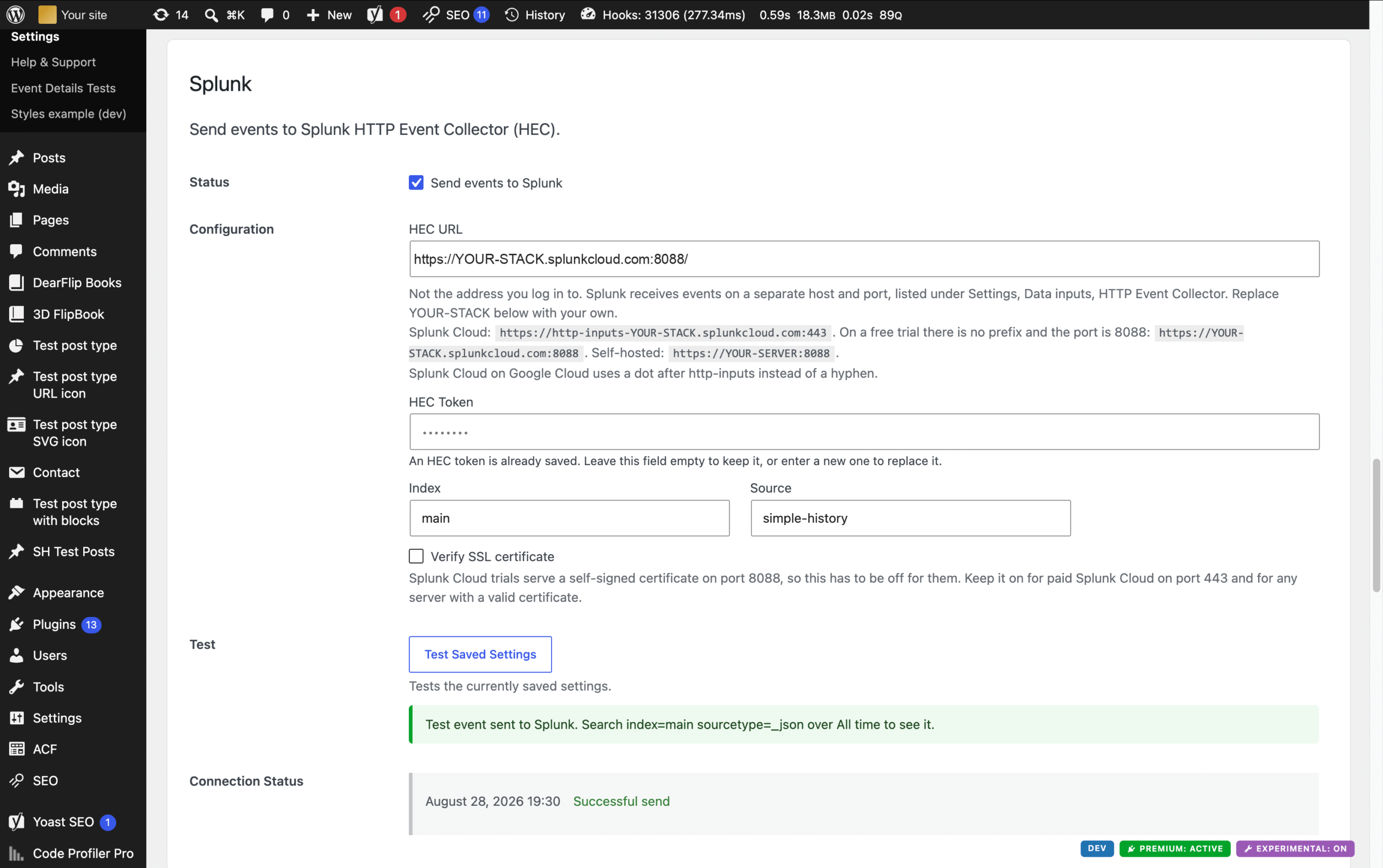 Simple History Splunk channel settings in WordPress showing the HEC URL, index, source and a successful test event