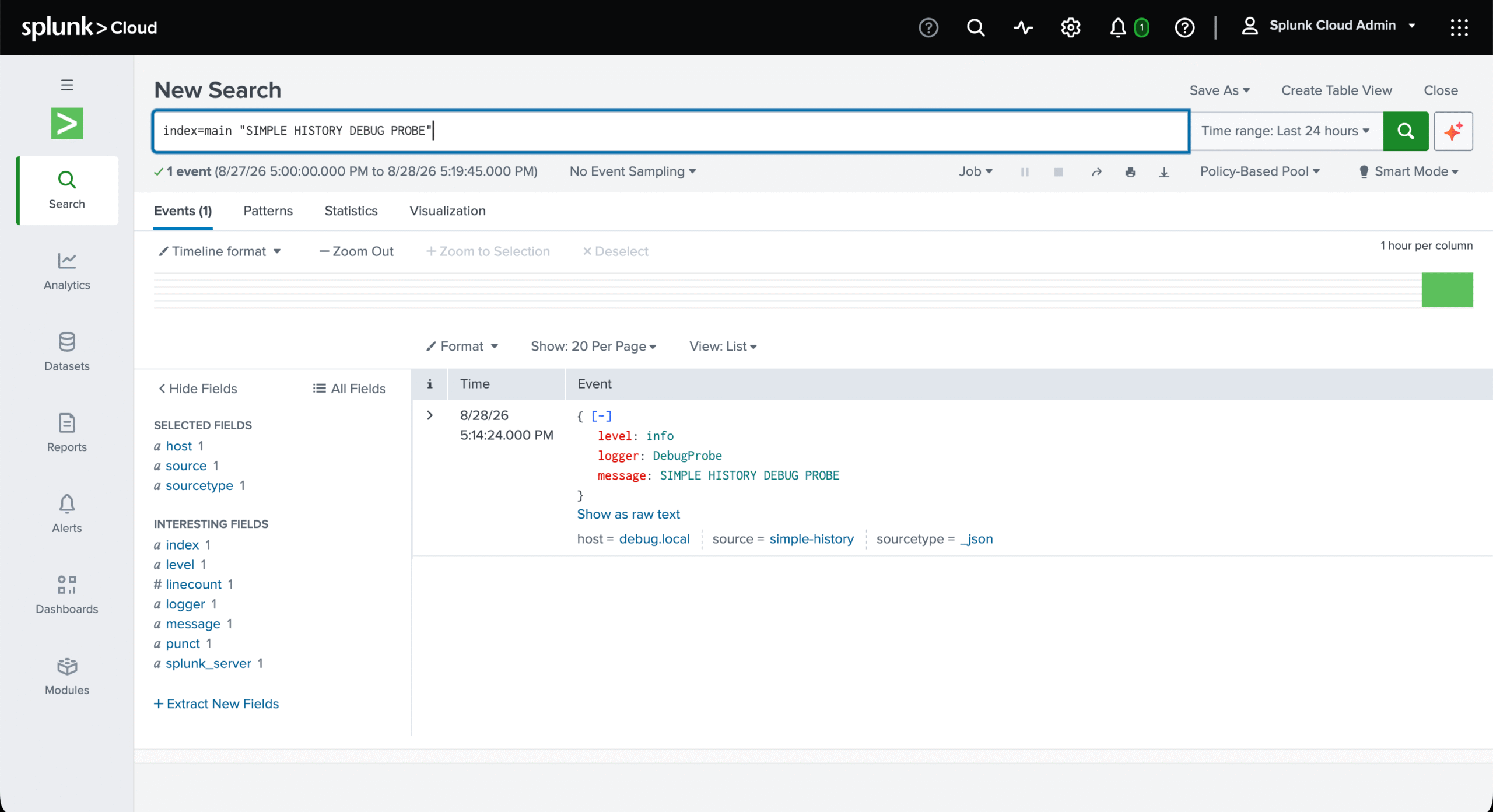 A Splunk search finding the Simple History test event in the main index