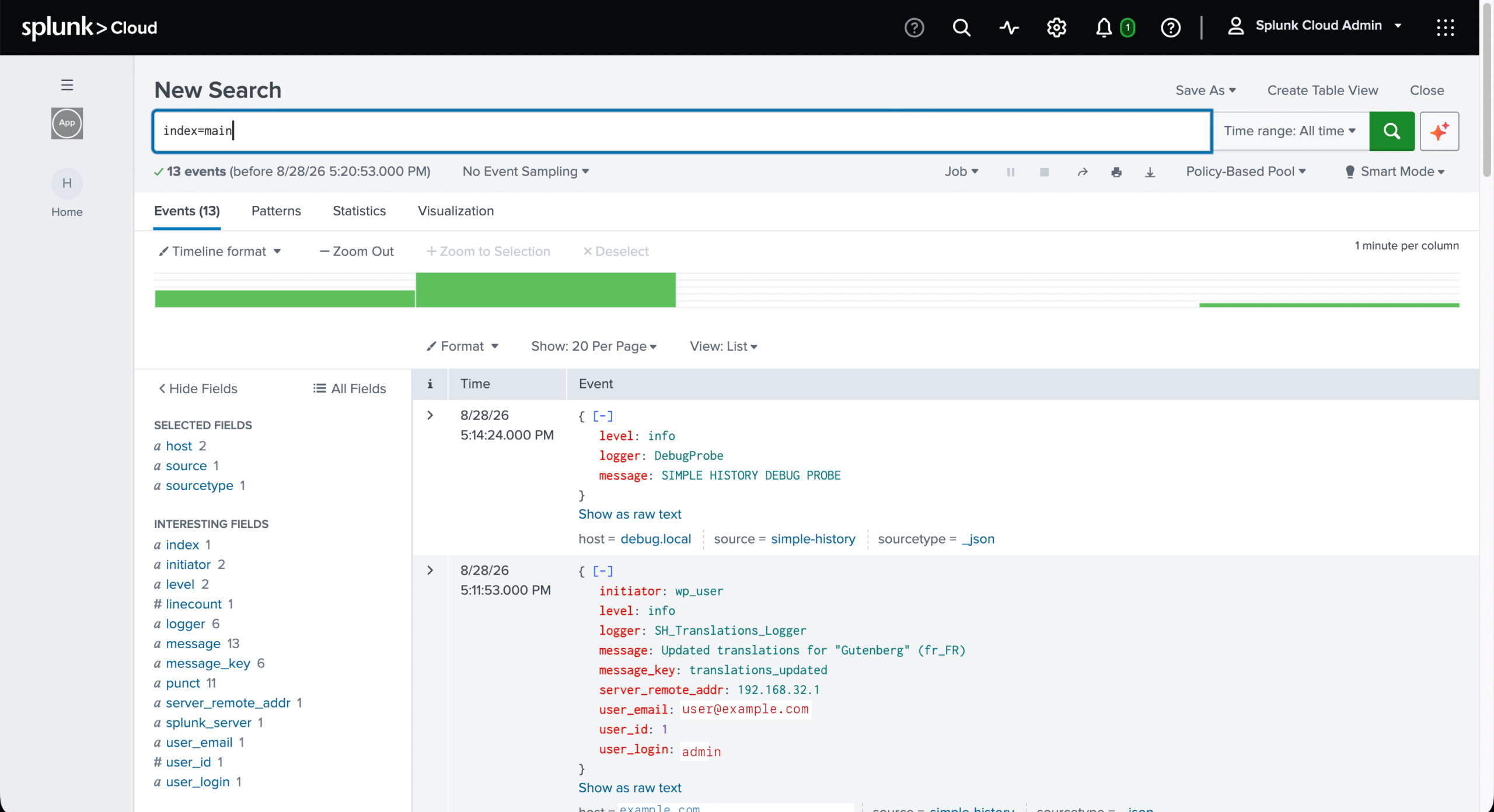 Splunk search of index=main over all time listing events forwarded from WordPress by Simple History