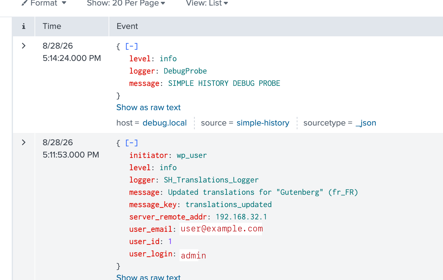 A forwarded Simple History event in Splunk showing logger, message, user id, user login and IP address