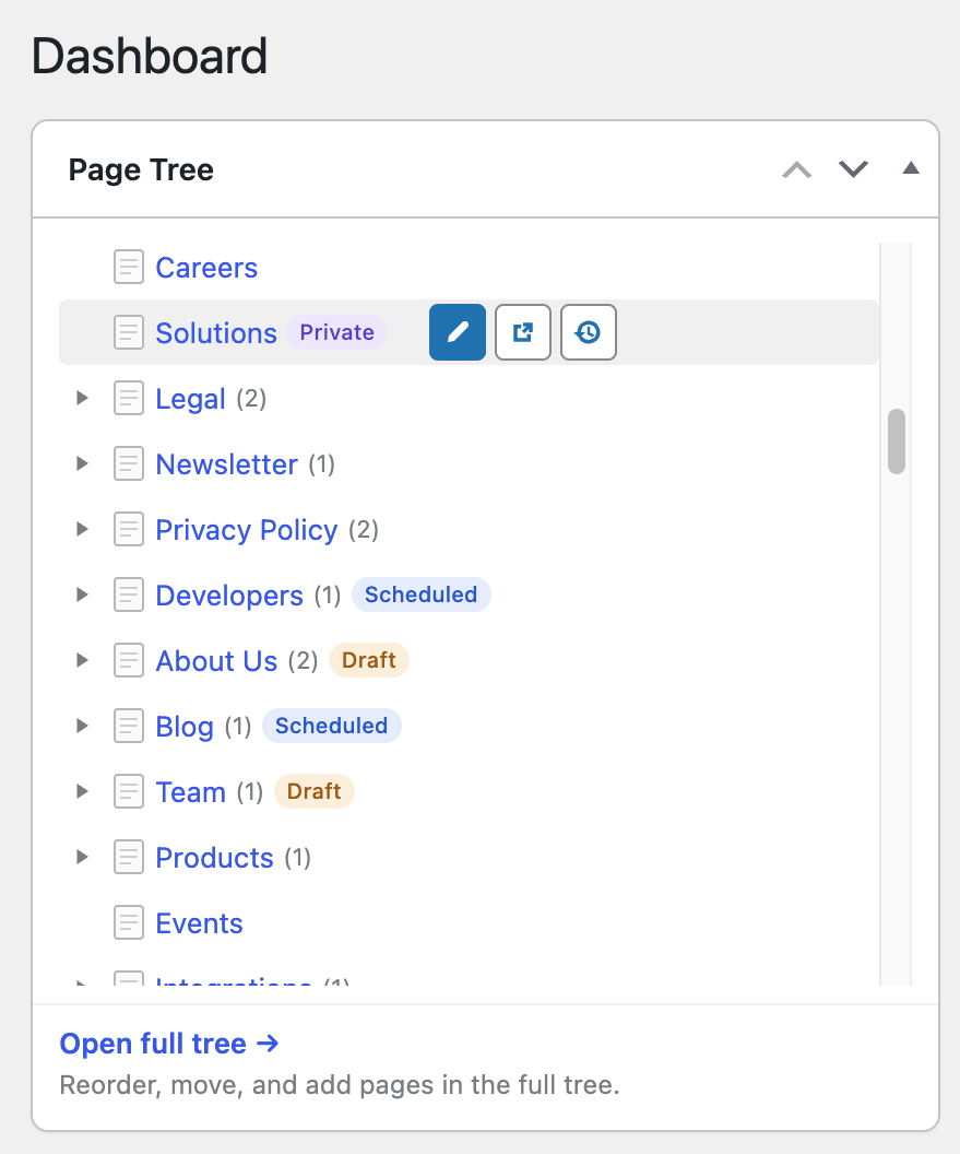Quick Row Action added the our page tree plugin