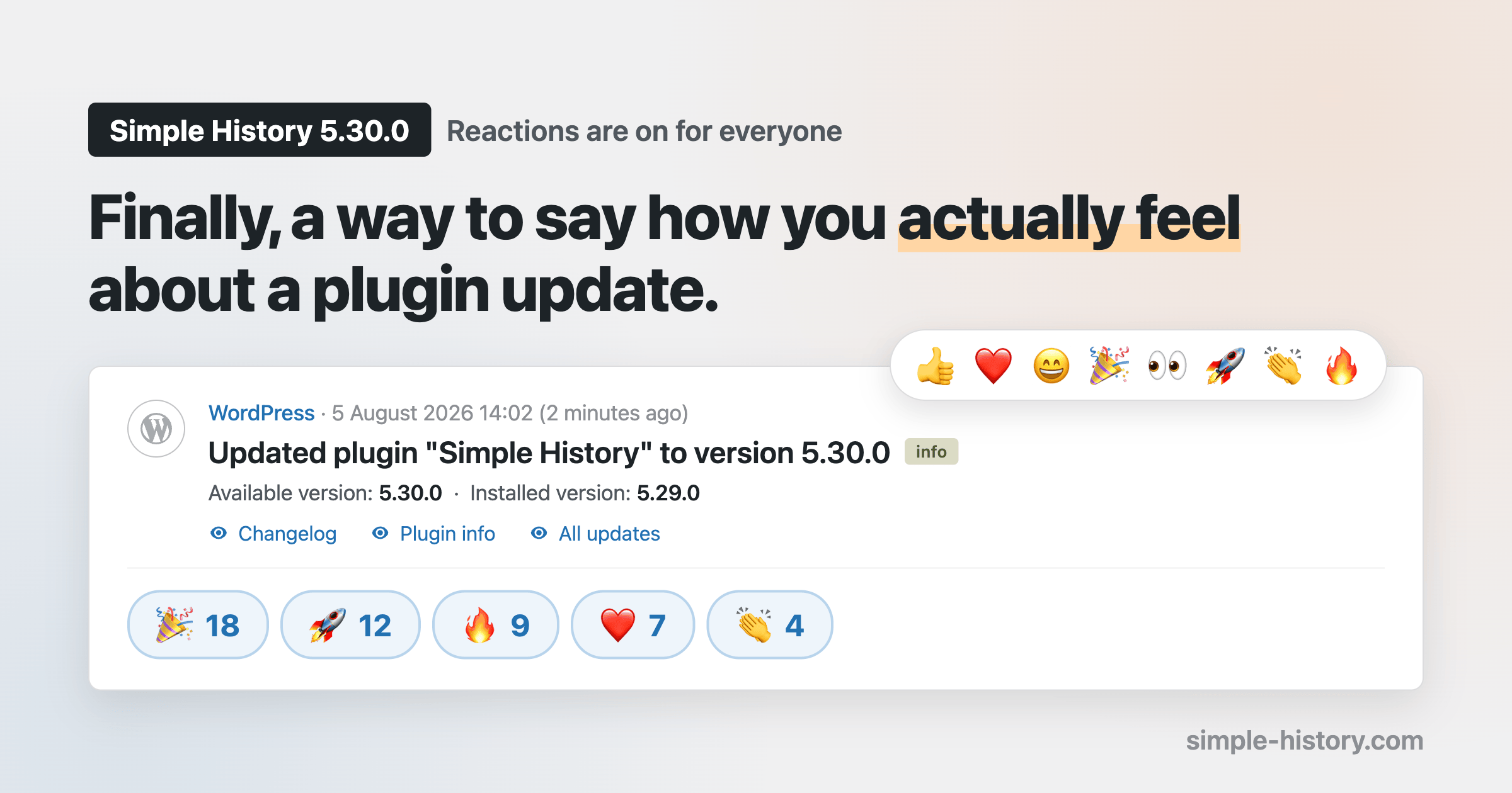 Simple History 5.30.0 Released — Reactions and a Header Status Bar (and some other fixes as usual)