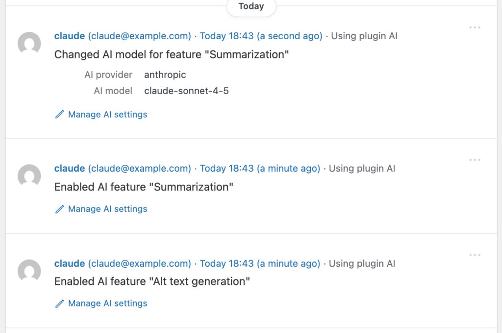 Three WordPress AI plugin events in the Simple History log: an AI model change for the Summarization feature showing provider anthropic and model claude-sonnet-4-5, plus two AI features being enabled.