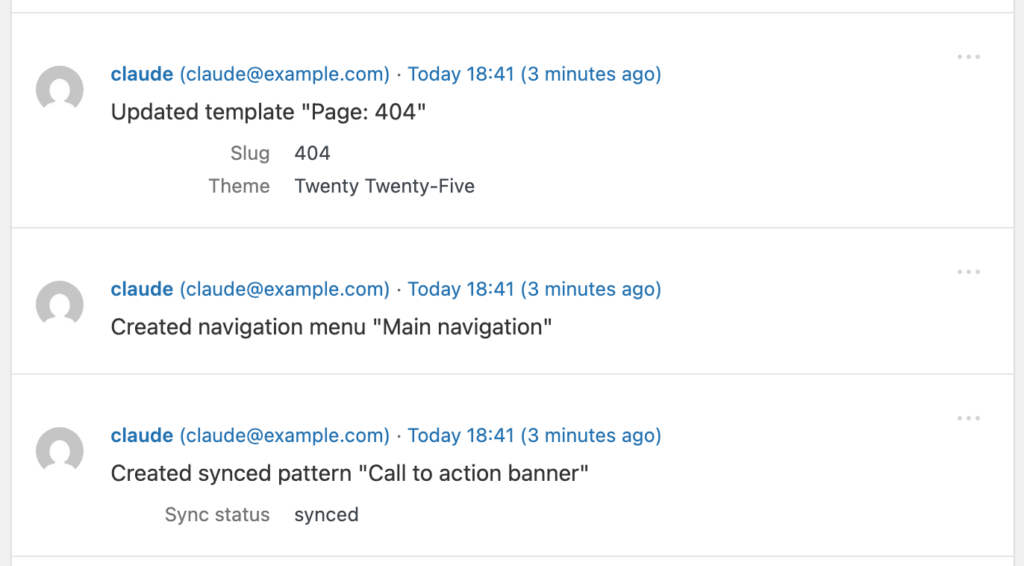 Three Site Editor events in the Simple History log: an updated "Page: 404" template showing its slug and theme, a created navigation menu, and a created synced pattern.