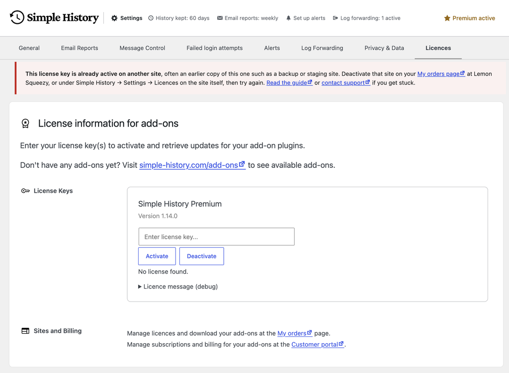 The activation limit error shown under Simple History Settings, Licences.