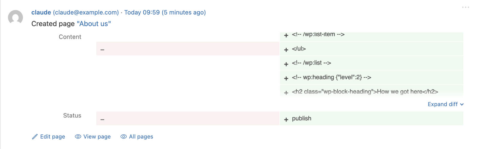 A "Created page" event in the Simple History log with a long content diff cropped to a few lines and an "Expand diff" button below it.