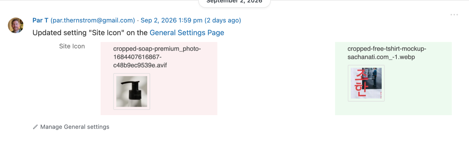 A "Site Icon" setting change in the Simple History log: the previous icon on the red side and the new icon on the green side, each with its file name and a small preview.