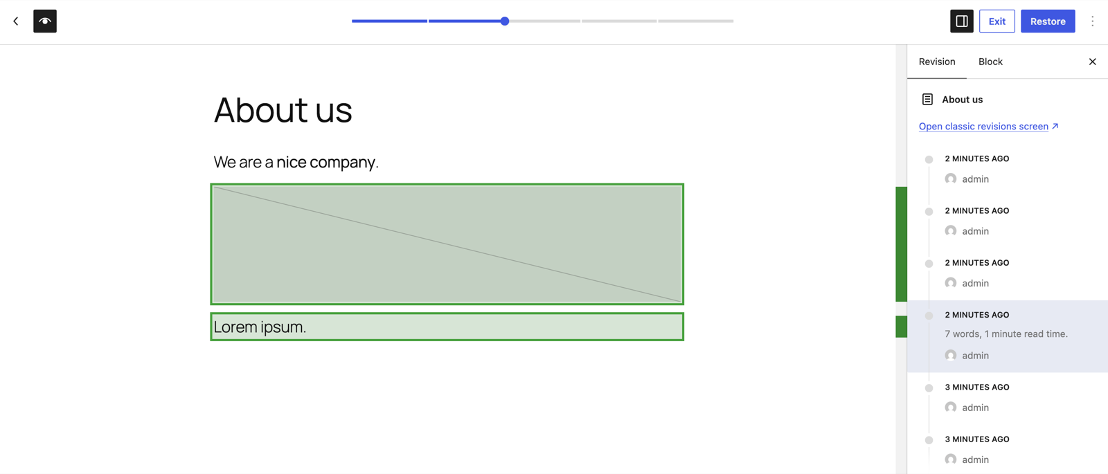 The WordPress 7.1 visual revision view of the page "About us", with the added image block and paragraph outlined in green and a list of revisions in the sidebar.