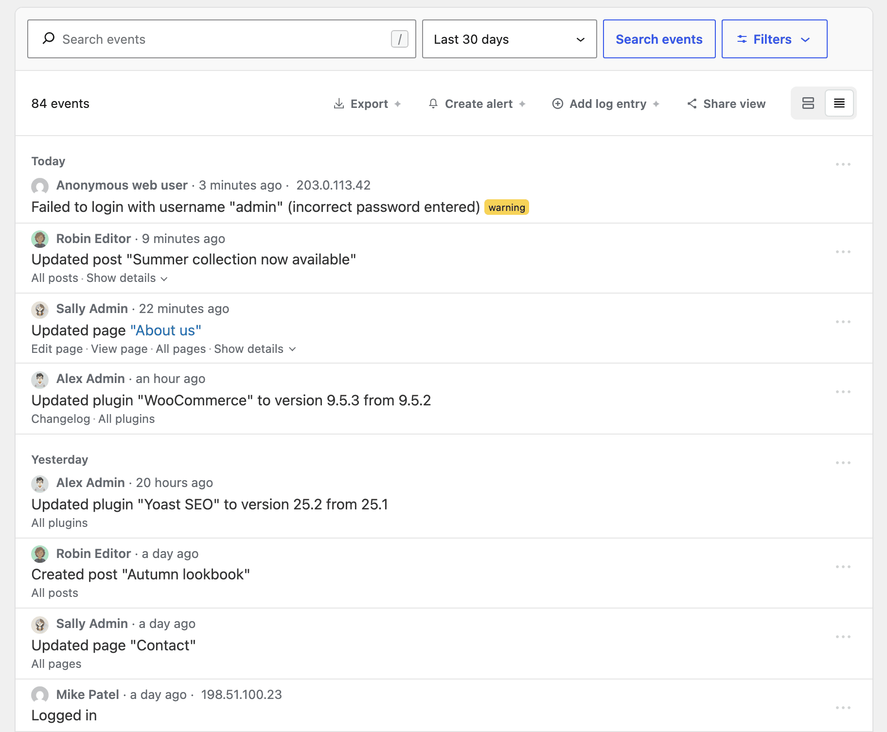 The Simple History event log in the new compact view: search and filters at the top, then one tight row per event grouped under Today and Yesterday, each with a small avatar, the user name, the time and the event text.