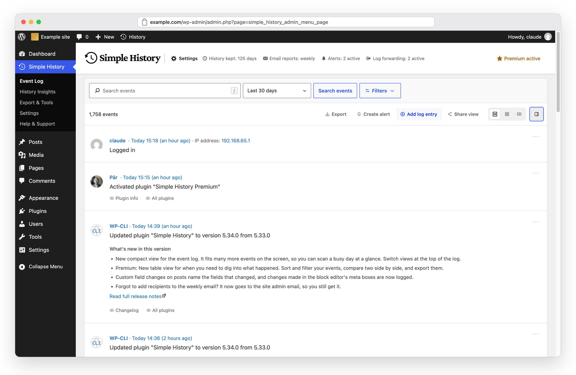 A browser window showing the Simple History event log in wp-admin, in the default detailed view with the sidebar hidden. The event list fills the whole width of the page, and the sidebar button at the far right of the toolbar is pressed.