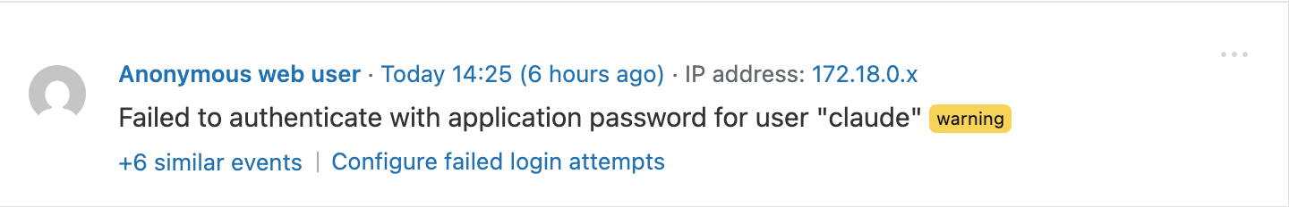 A grouped failed application password login event: "Failed to authenticate with application password for user claude", with +6 similar events and a Configure failed login attempts link.