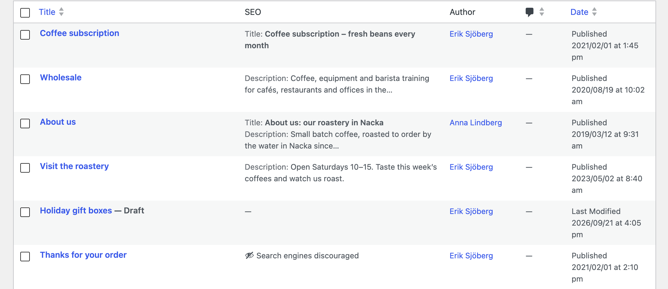 The Pages list in WordPress with an SEO column showing each page's SEO title, meta description, or that search engines are discouraged.