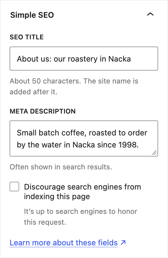 The Simple SEO panel in the block editor sidebar, with an SEO title, a meta description and the discourage search engines checkbox.