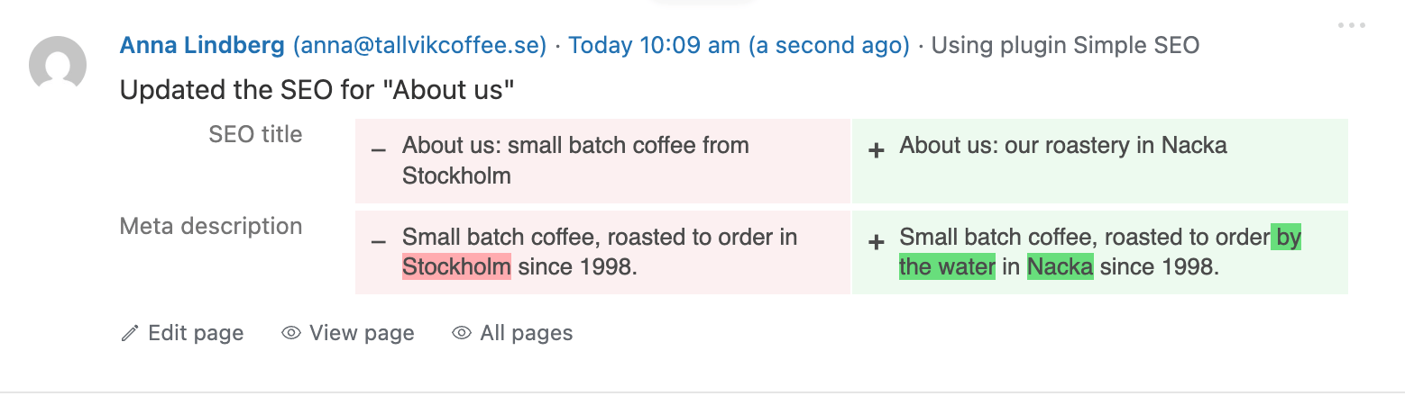 A Simple History entry showing the old and new SEO title and meta description.