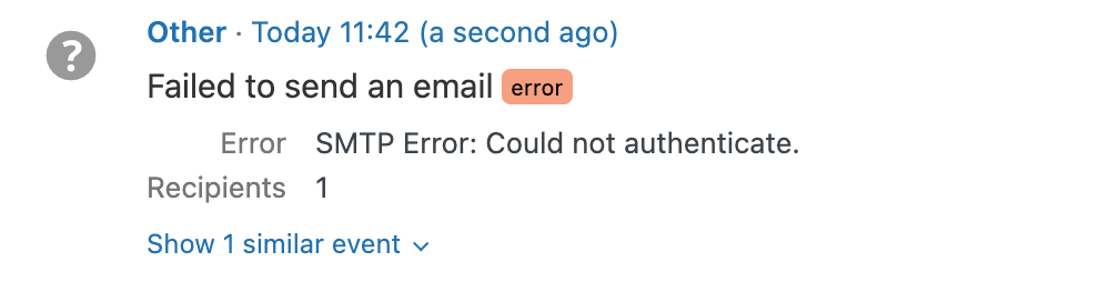 A Failed to send an email event in the Simple History log, marked as an error, with the error SMTP Error: Could not authenticate, one recipient, and a link to show one similar event.