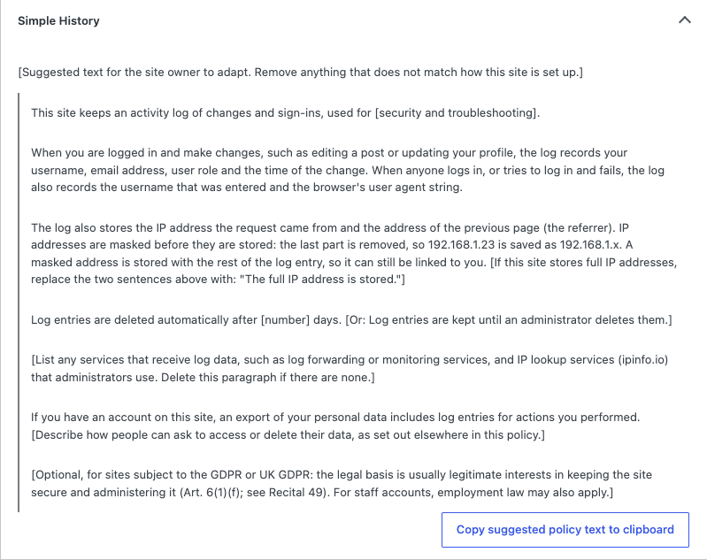 The Simple History section of the WordPress Privacy Policy Guide, with suggested text about what the activity log records, how IP addresses are masked and how long entries are kept, and a button to copy the text.