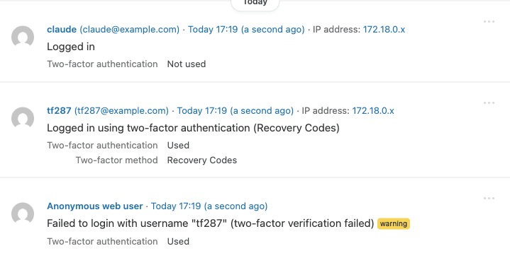 Three login events in the Simple History log: a login without two-factor authentication, a login using two-factor authentication with recovery codes as the method, and a failed login warning saying two-factor verification failed.
