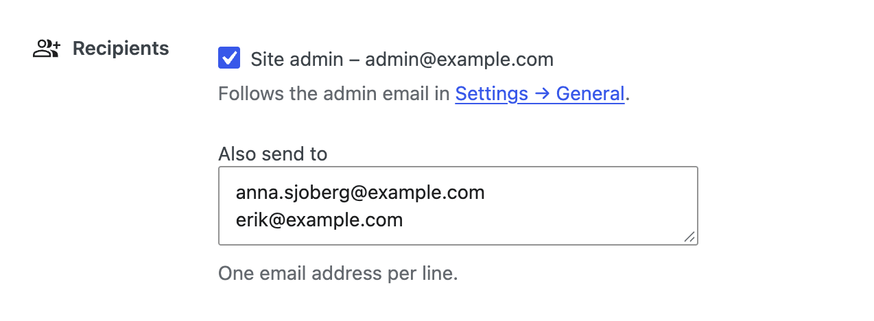 The Recipients setting for the Simple History weekly email: a ticked Site admin checkbox showing admin@example.com, a note that it follows the admin email in Settings → General, and an Also send to field with two more addresses.