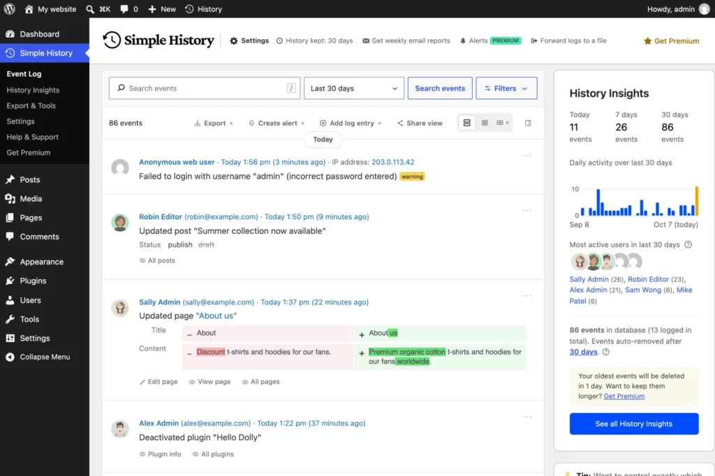 Simple History activity log in the WordPress admin, showing a failed login, post and page changes and plugin events